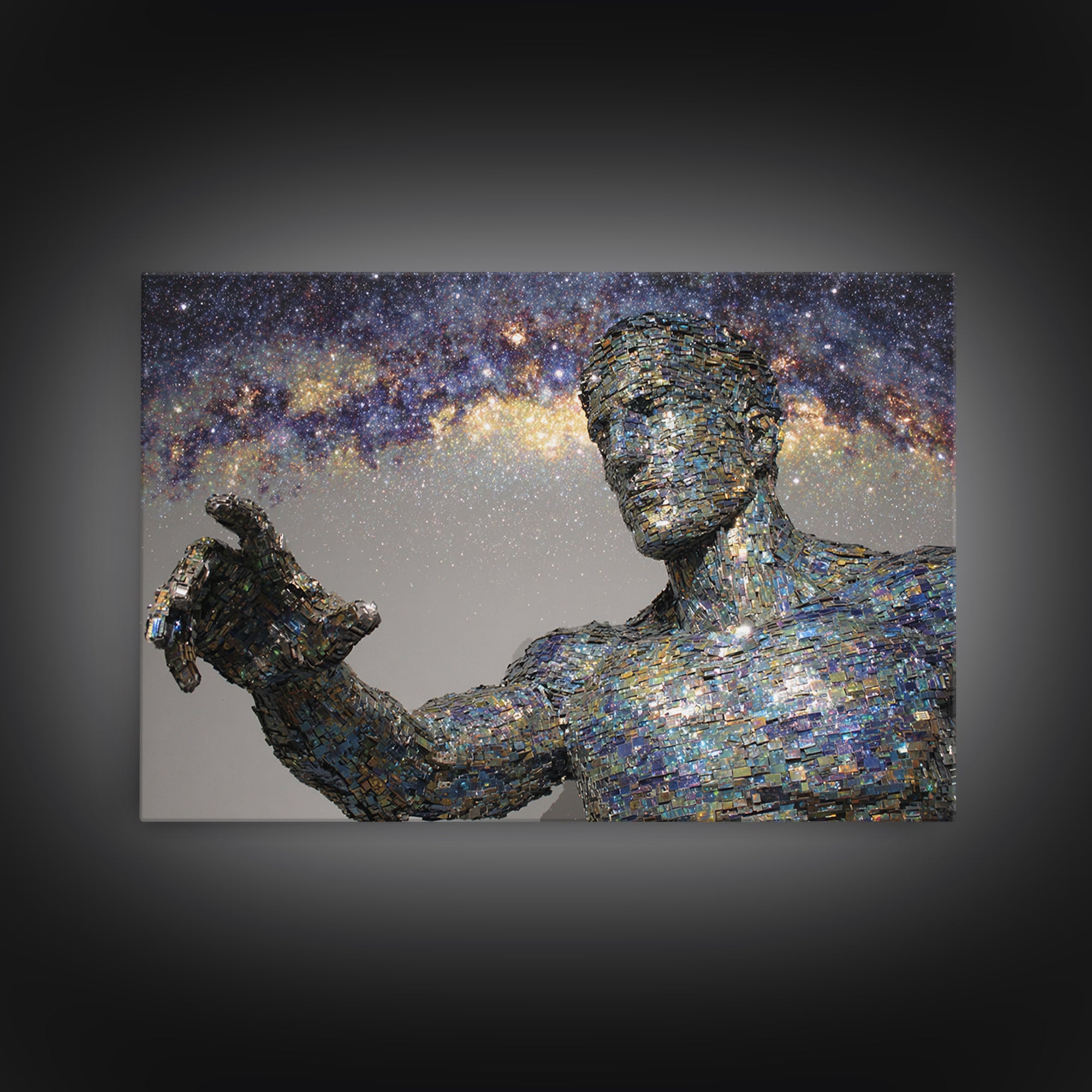 Faceless Cosmic Figure Reaching To Stars Framed Canvas Print, Modern Sculpture Art, Galaxy Wall Decor, Unique Canvas Art