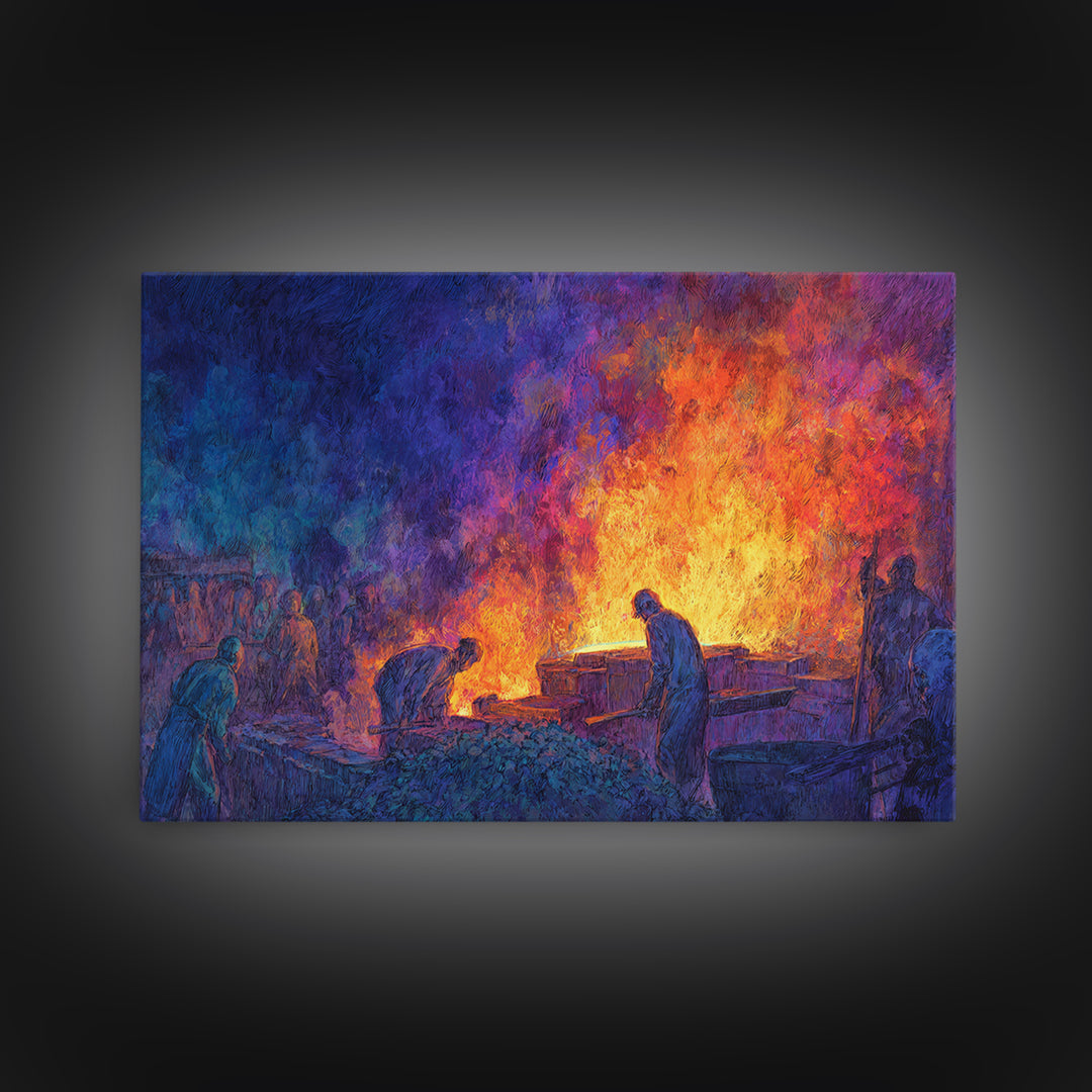 Workers Around Blazing Forge Wall Art, African American Art, Industrial Painting, Blue Orange Decor, Cultural Home Decor