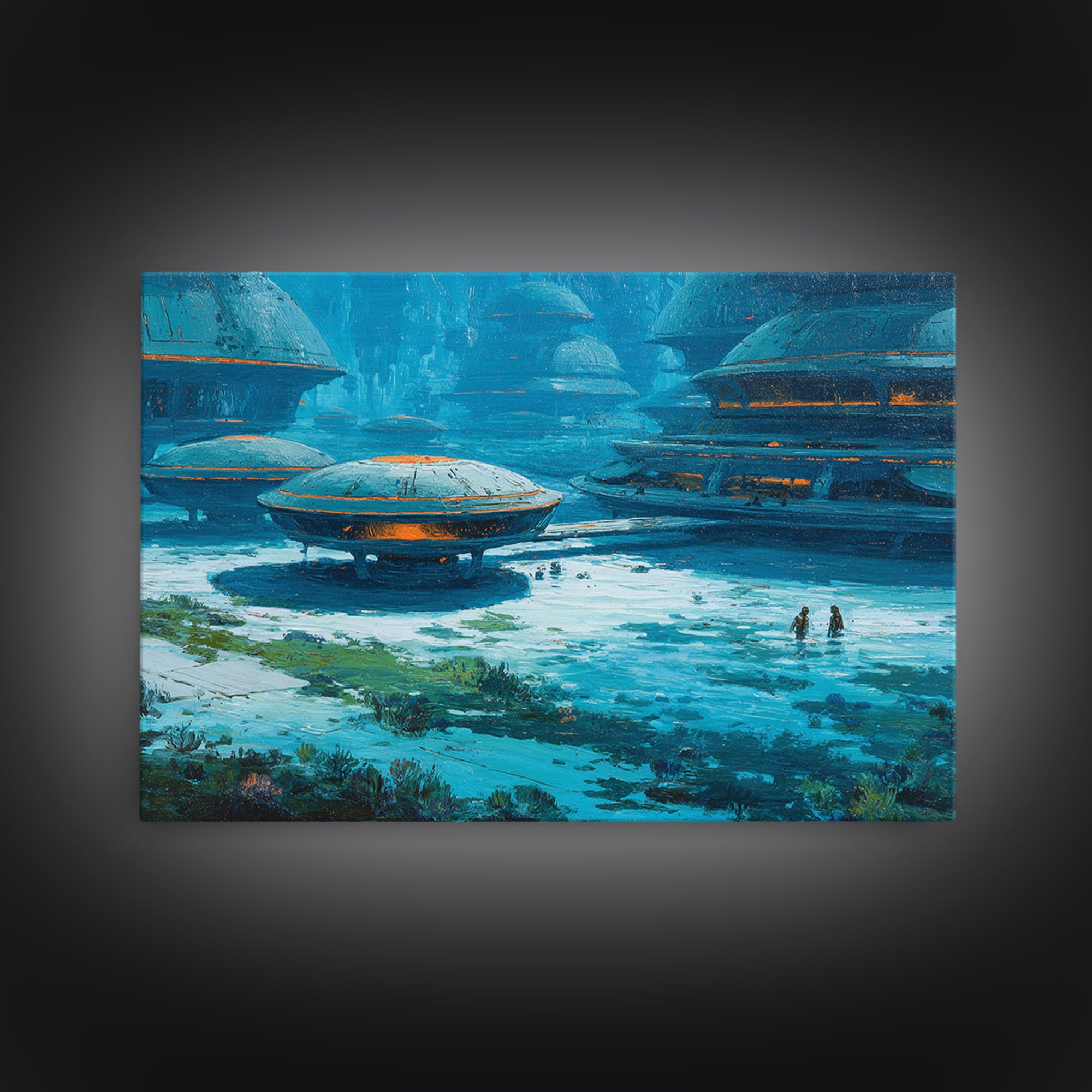 Blue Futuristic African Village Canvas Print, Afrofuturism Decor, Sci Fi Landscape, Modern Canvas Art, Unique Home Decor Gift