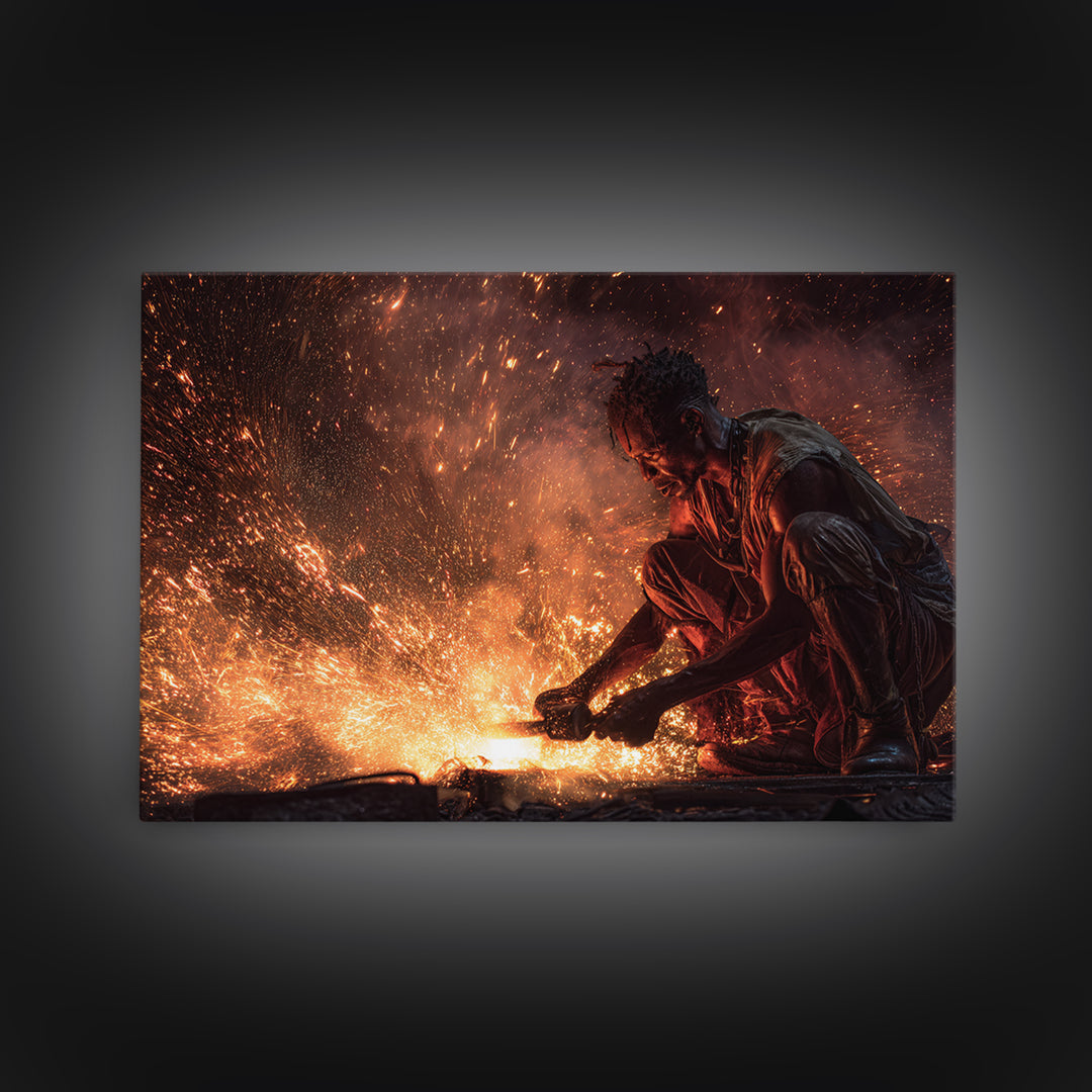 Black Artisan Forging Sparks Framed Canvas Print, African American Art, Black Man Portrait, Powerful Industrial Wall Decor Gift