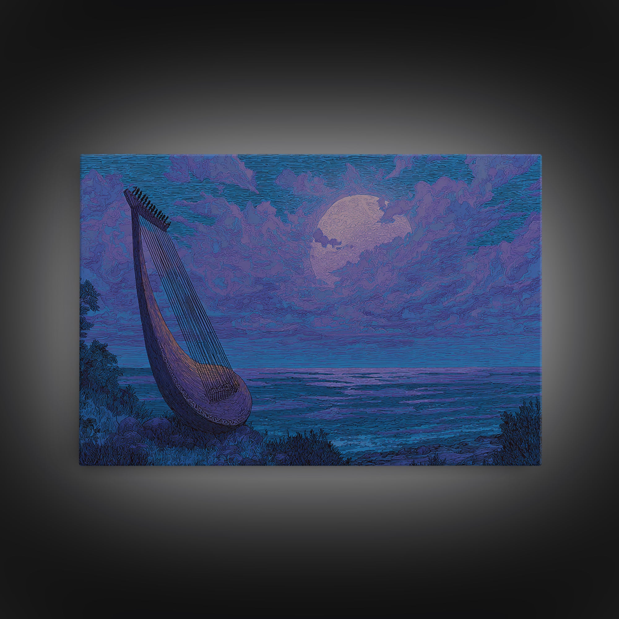 Moonlit African Kora By Ocean, Blue Purple Canvas Print, Afrocentric Wall Decor, African Music Art, Dreamy Coastal Decor