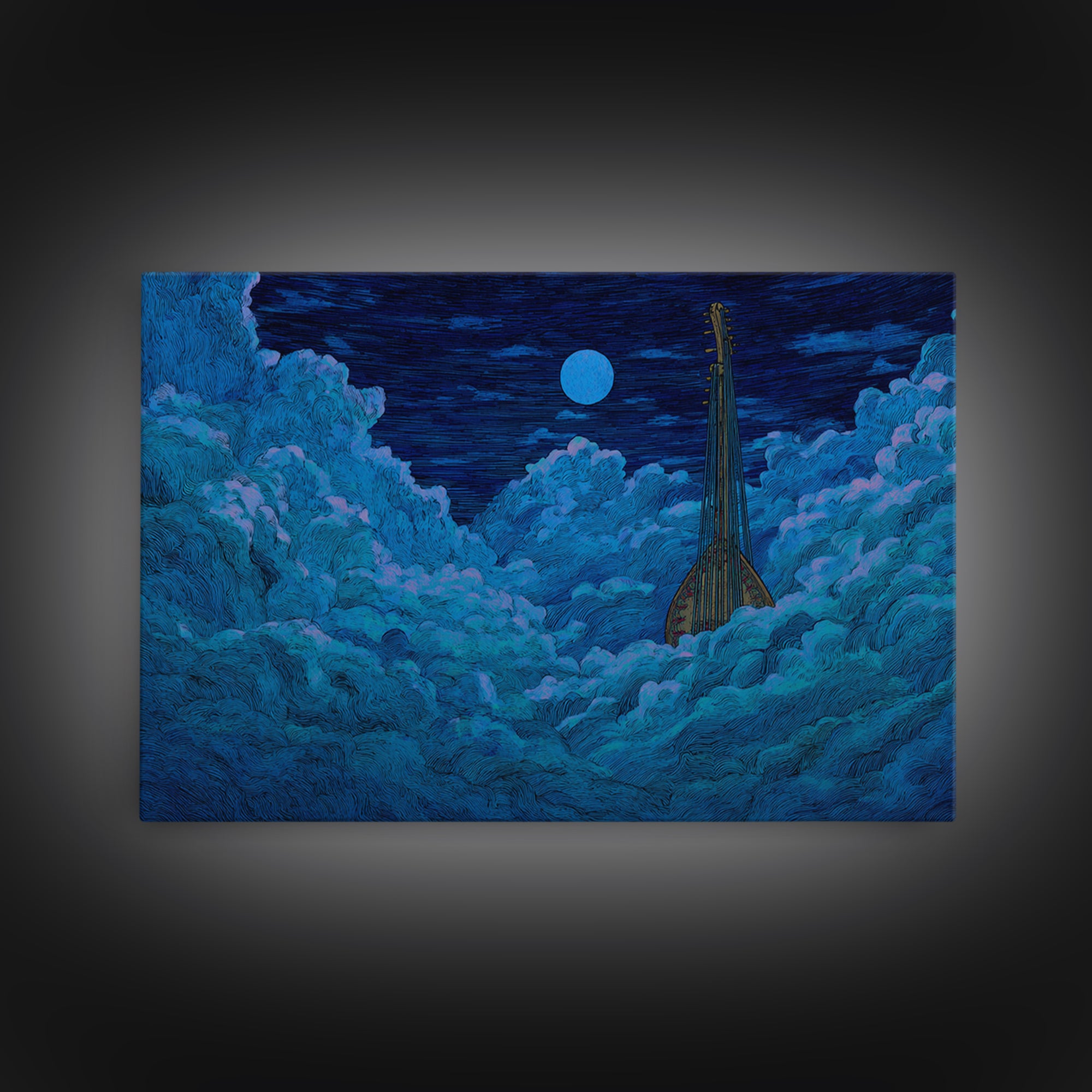 Blue Moon African Kora In Clouds Canvas Print, Dreamy Night Sky Wall Art, Afrocentric Music Decor, Mystical Bedroom Decor