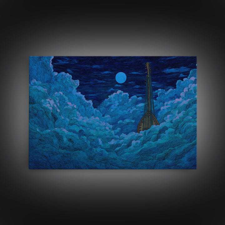 Blue Moon African Kora In Clouds Canvas Print, Dreamy Night Sky Wall Art, Afrocentric Music Decor, Mystical Bedroom Decor