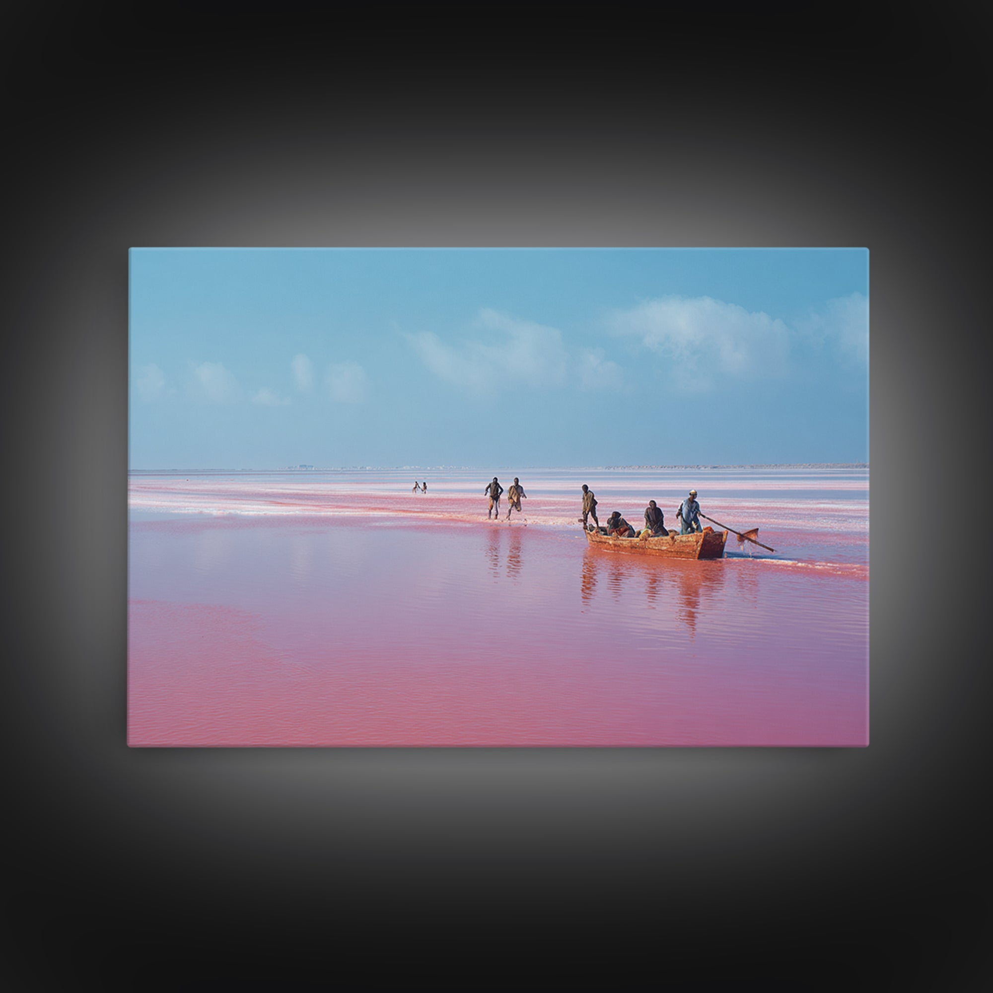 Pink Lake Boat With African Fishermen Wall Art, Senegal Travel Photography, Coastal Canvas Print, Pastel Blue Home Decor Gift