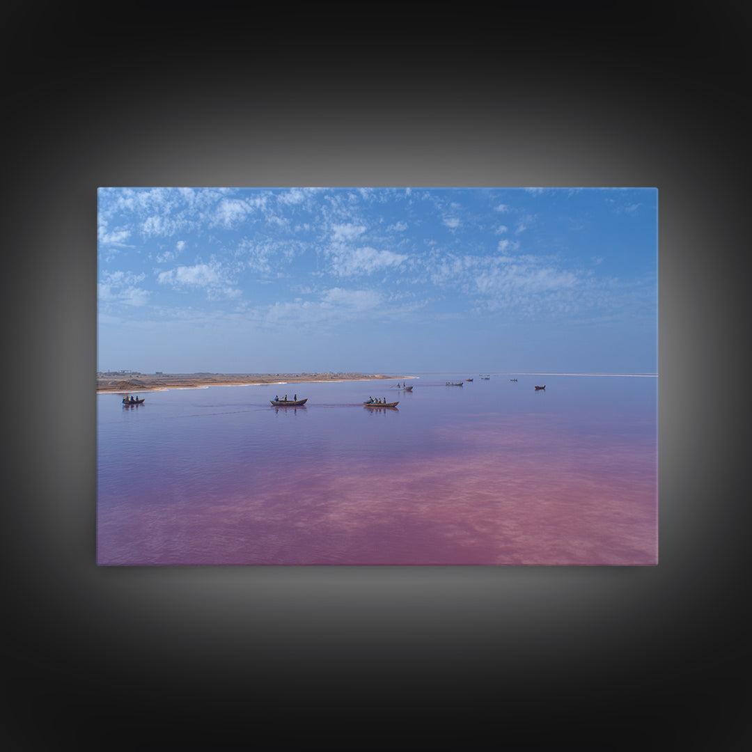 Wide Pink African Lake With Fishing Boats Wall Art, Serene Travel Photography, Blue Sky Canvas Print, Coastal Living Room Decor