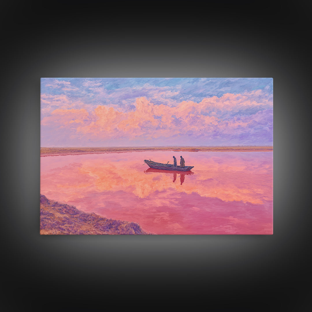Pastel Pink Lake Boat At Sunset Canvas Print, African Landscape Wall Art, Dreamy Coastal Decor, Senegal Inspired Travel Gift