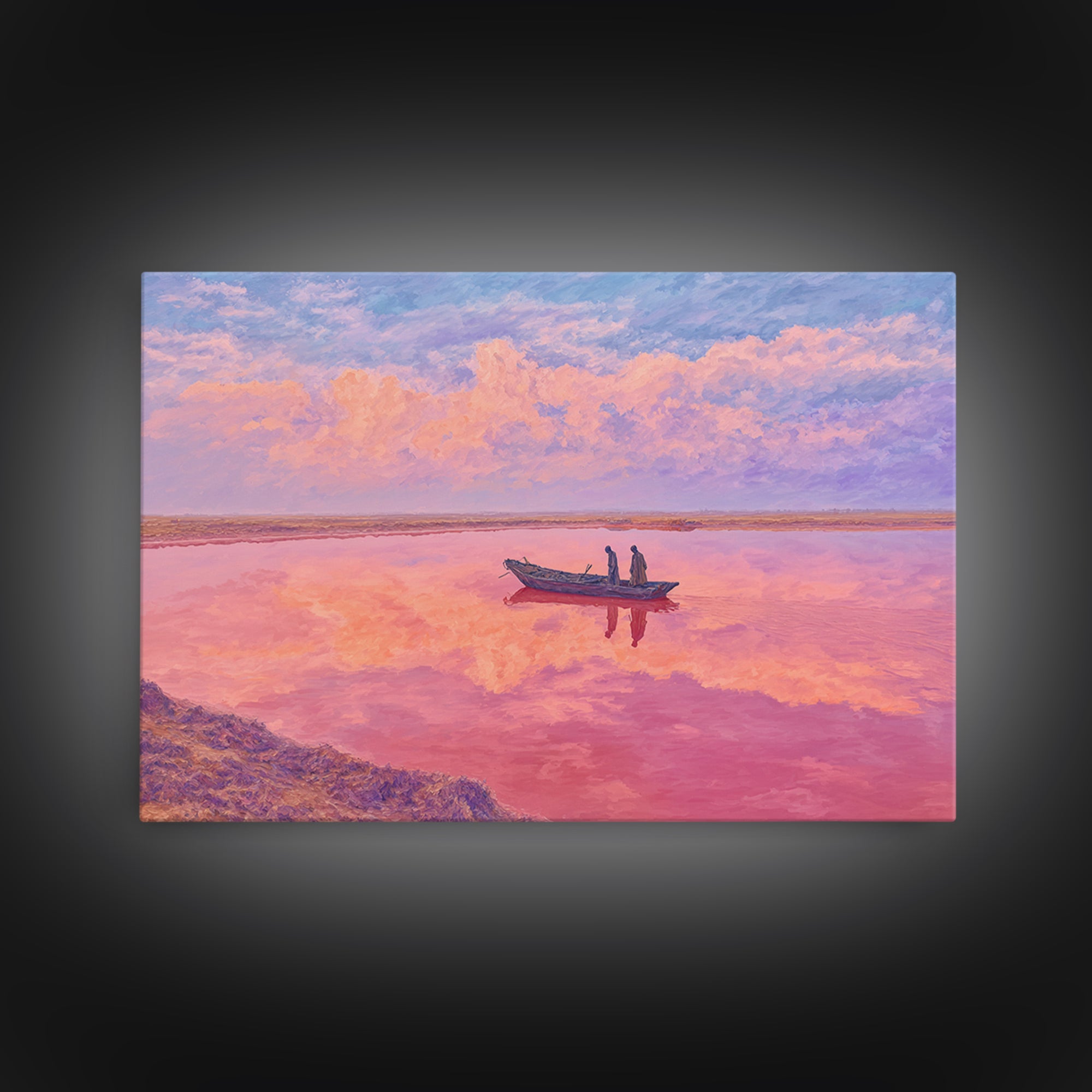 Pastel Pink Lake Boat At Sunset Canvas Print, African Landscape Wall Art, Dreamy Coastal Decor, Senegal Inspired Travel Gift