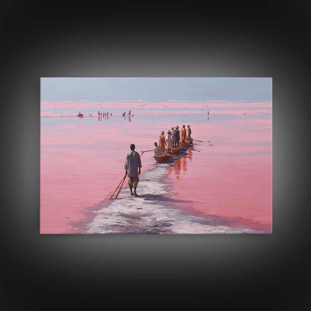 Pink Salt Lake Fishermen And Boats Wall Art, African Landscape, Senegal Travel Poster, Coastal Fishing Decor, Large Canvas