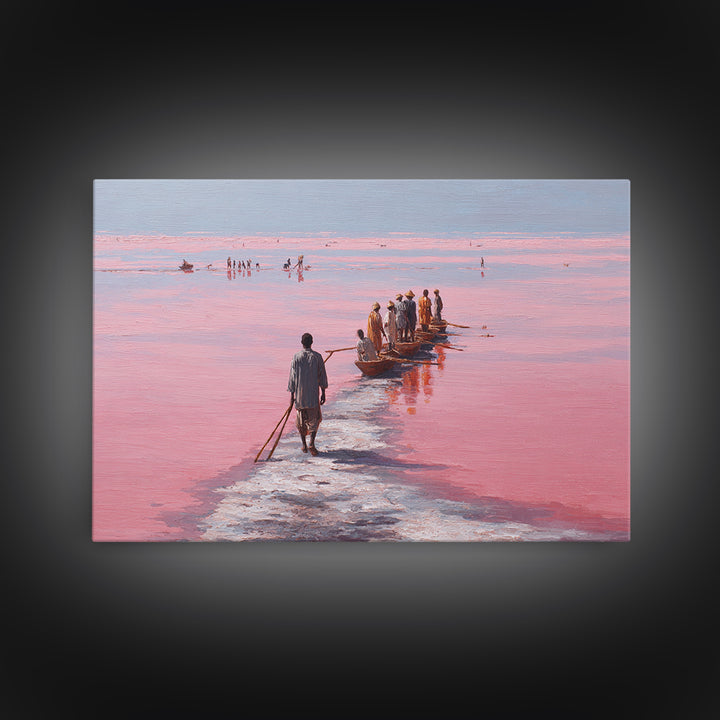 Pink Salt Lake Fishermen And Boats Wall Art, African Landscape, Senegal Travel Poster, Coastal Fishing Decor, Large Canvas