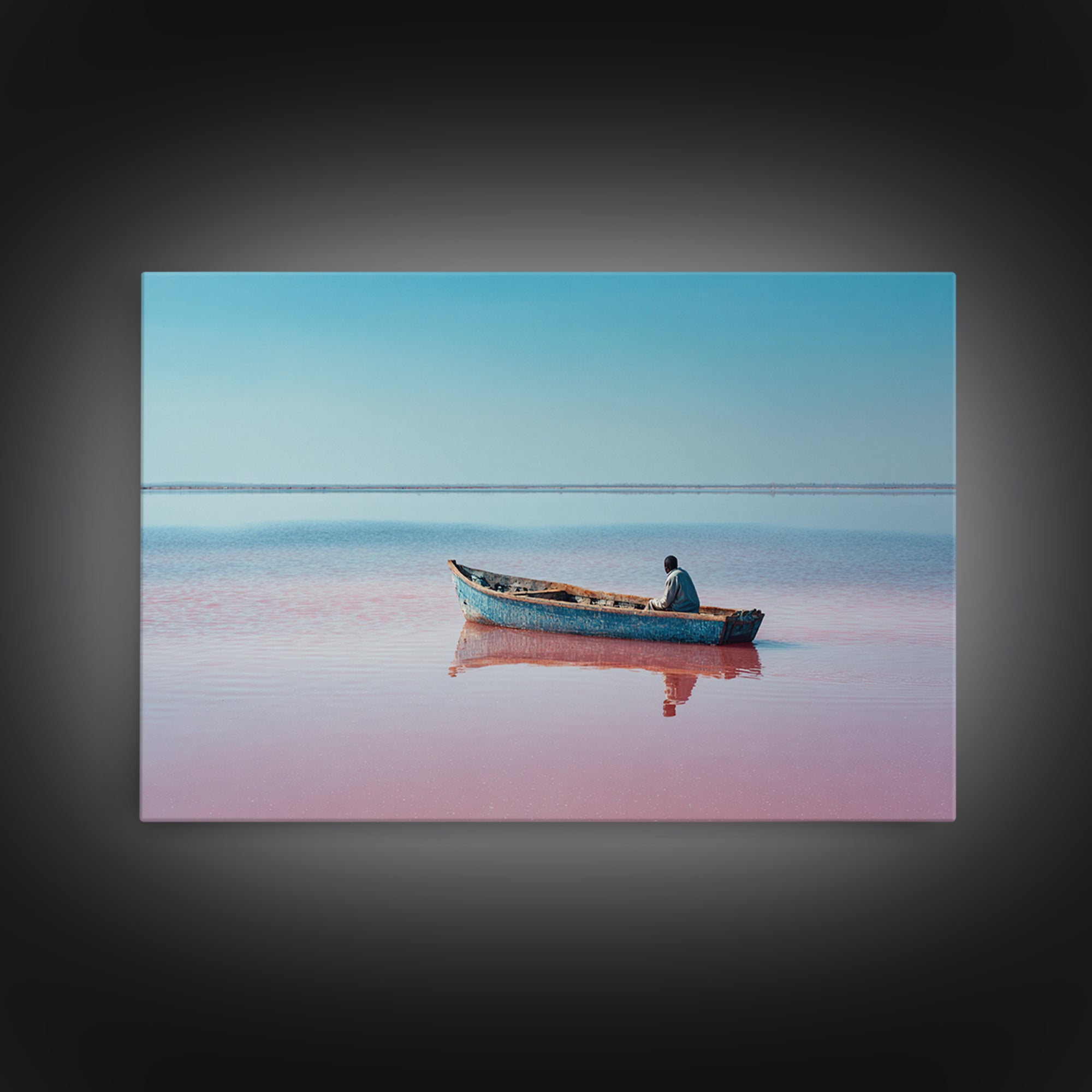 Lone Blue Boat On Pink Lake Canvas Print, African Landscape, Minimalist Travel Poster, Serene Coastal Wall Decor Gift For Home