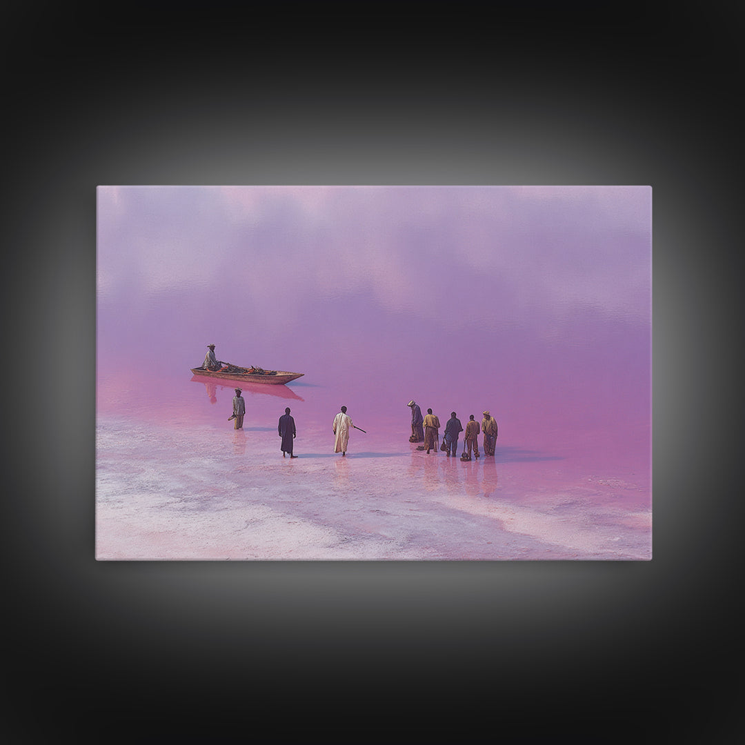 Purple Pink Salt Lake Boat Scene Wall Art, African Landscape, Coastal Travel Poster, Cultural Home Decor, Large Canvas Print