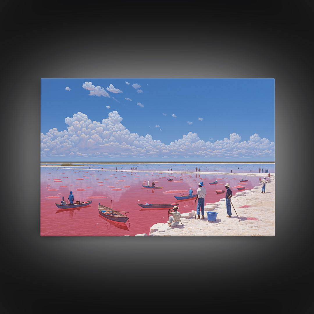 Vibrant Pink Lake Boats Under Clouds Framed Canvas Print, African Landscape, Senegal Travel Poster, Coastal Wall Decor Gift
