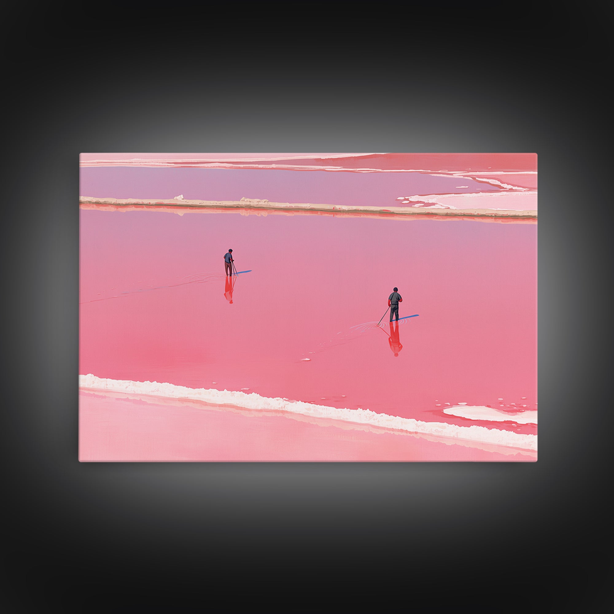 Two Figures Walking Pink Salt Flats Wall Art, Minimalist African Landscape, Dreamy Pink Decor, Modern Coastal Canvas Print