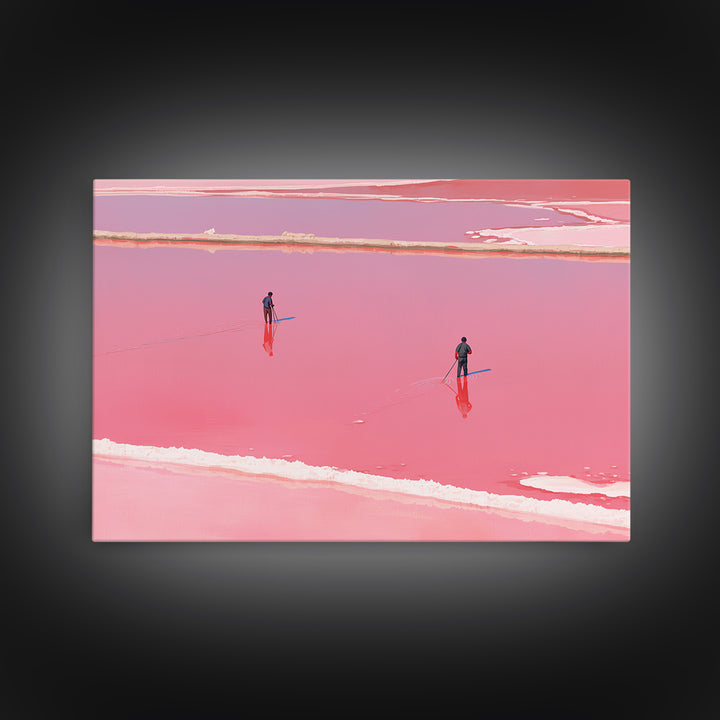 Two Figures Walking Pink Salt Flats Wall Art, Minimalist African Landscape, Dreamy Pink Decor, Modern Coastal Canvas Print