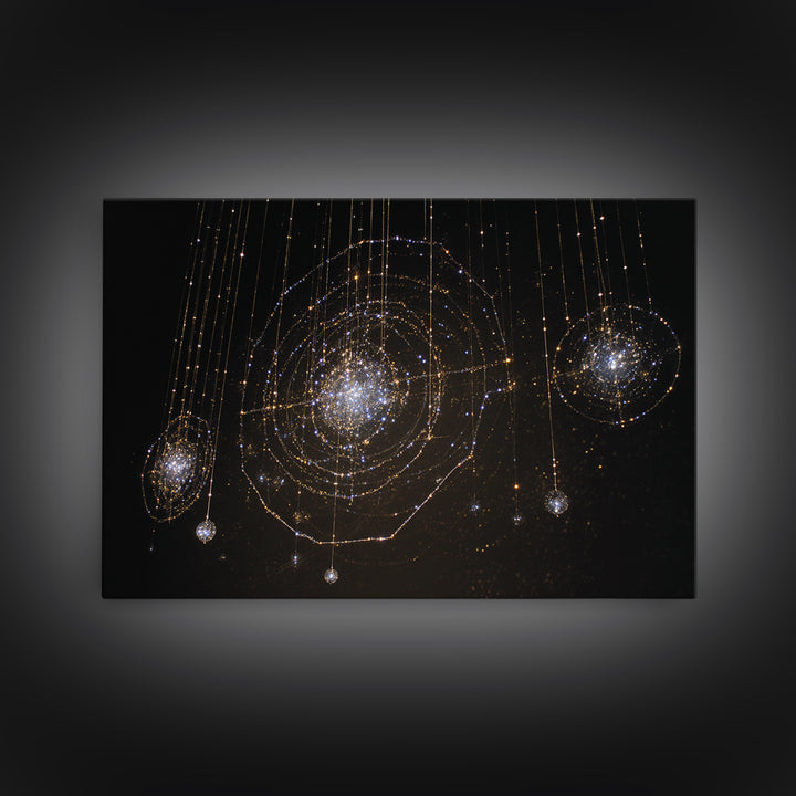 Golden Hanging Galaxy Lights Wall Art, Abstract Black Background, Spiritual Modern Art, Luxury Home Decor, Dreamy Canvas Print