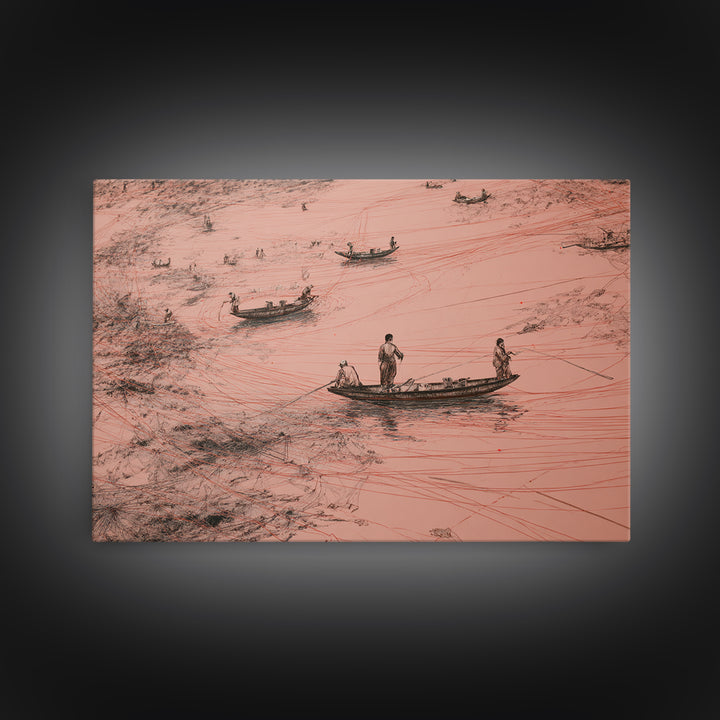 Aerial Pink Salt Lake Boats And Tracks Wall Art, African Landscape, Minimalist Coastal Poster, Earth Tone Canvas Print Decor