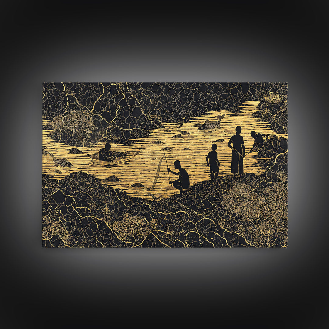 Golden River Village Silhouettes Wall Art, African Wall Art, Black Culture Art, Tribal Landscape, Cultural Home Decor Gift
