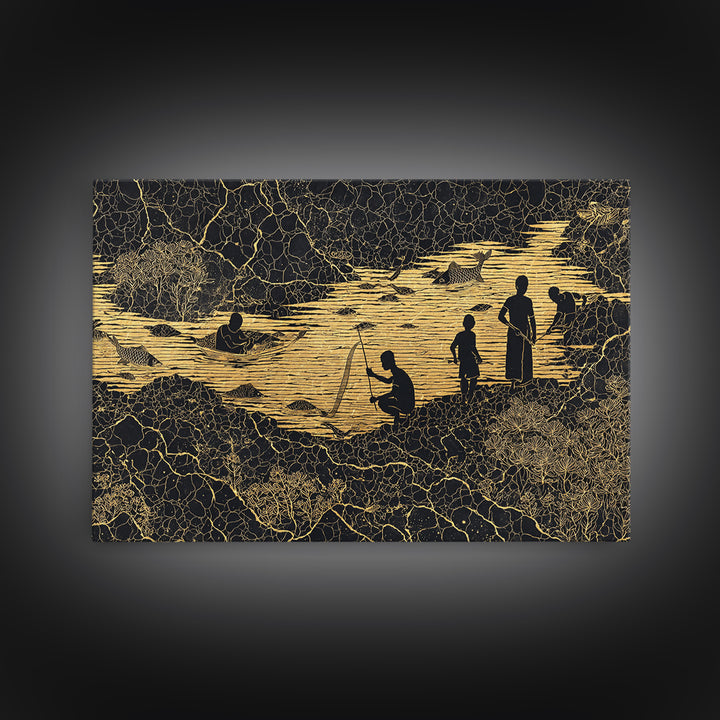 Golden River Village Silhouettes Wall Art, African Wall Art, Black Culture Art, Tribal Landscape, Cultural Home Decor Gift