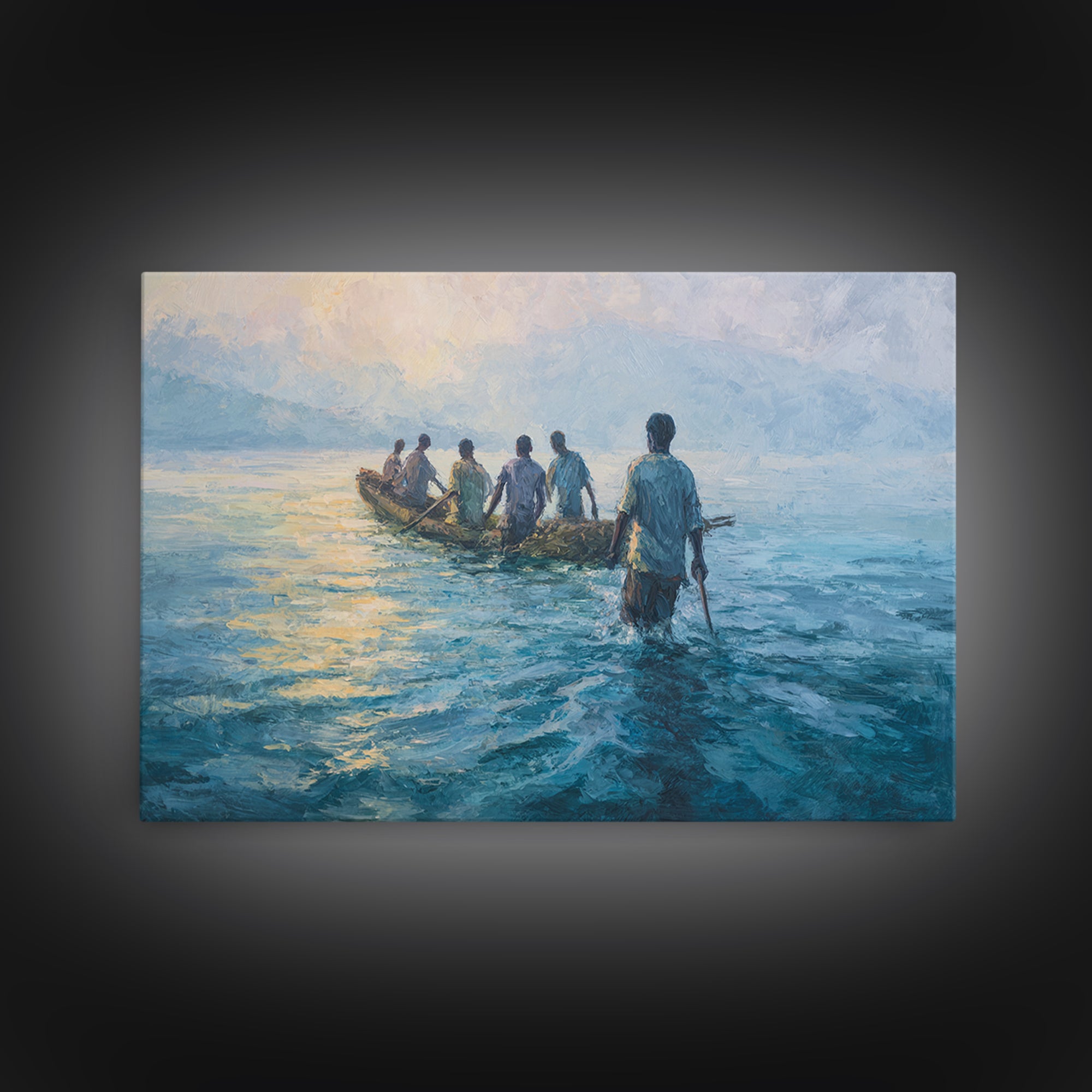 Blue Lake Fishermen In Canoe Canvas Print, African Art Print, Coastal Water Painting, Living Room Decor, Unique Canvas Gift