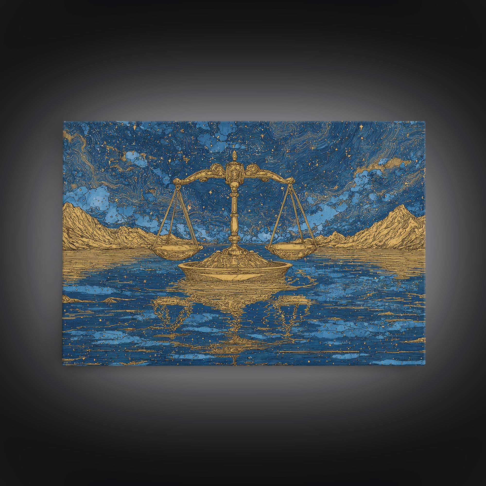 Golden Scales Over Desert Lake Wall Art, African Egyptian Art, Mystical Wall Art, Blue Gold Canvas, Statement Wall Decor