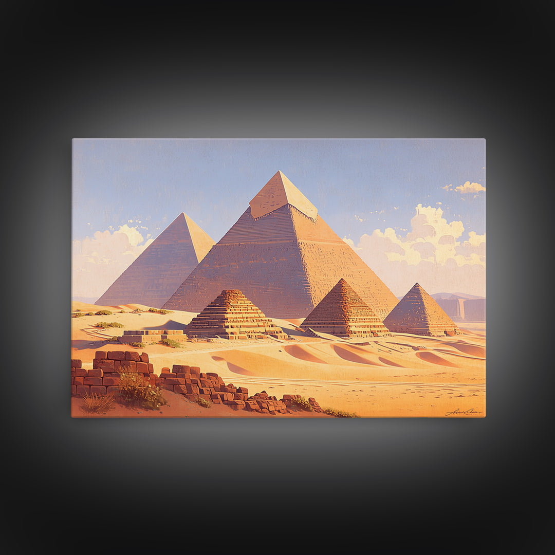 Warm Sunset Egyptian Pyramids Framed Canvas Print African Egyptian Art Ancient Desert Landscape Wall Decor Travel Poster Gift