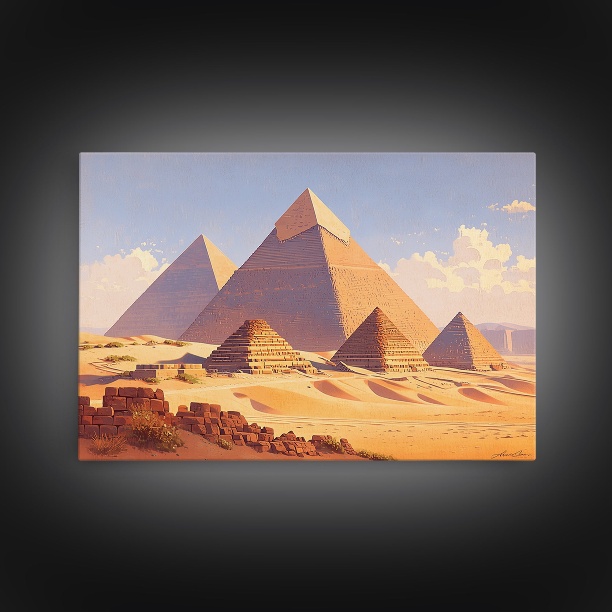Warm Sunset Egyptian Pyramids Framed Canvas Print African Egyptian Art Ancient Desert Landscape Wall Decor Travel Poster Gift
