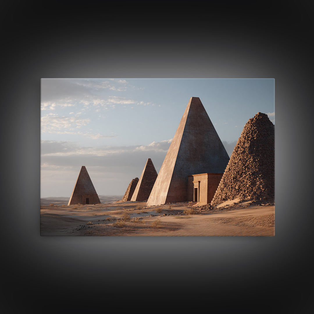 Monumental Nubian Pyramids In Desert Framed Canvas Print, Ancient African Art, African Landscape, Cultural Wall Decor, Home Decor Gift