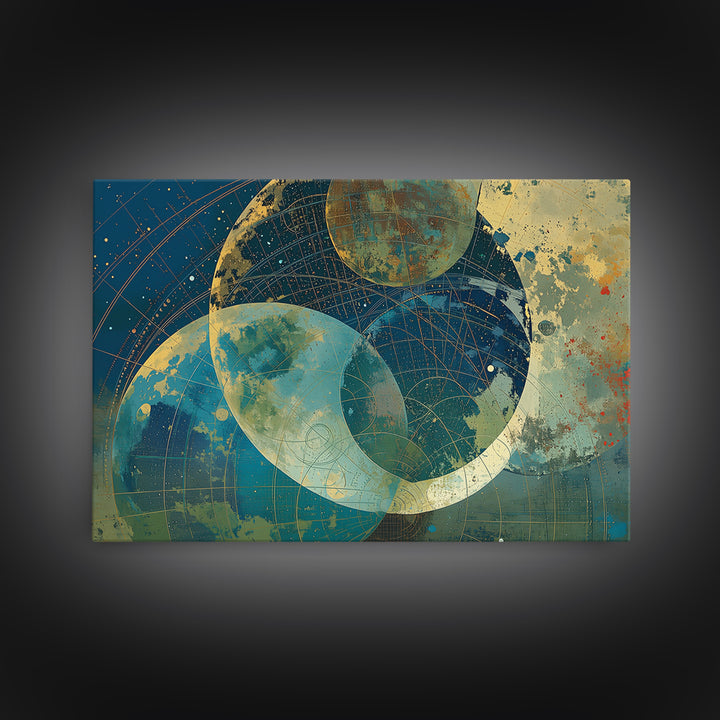 Layered Moons And Planetary Orbits Canvas Print, Abstract Wall Art, Modern Canvas Art, Celestial Digital Art, Office Decor
