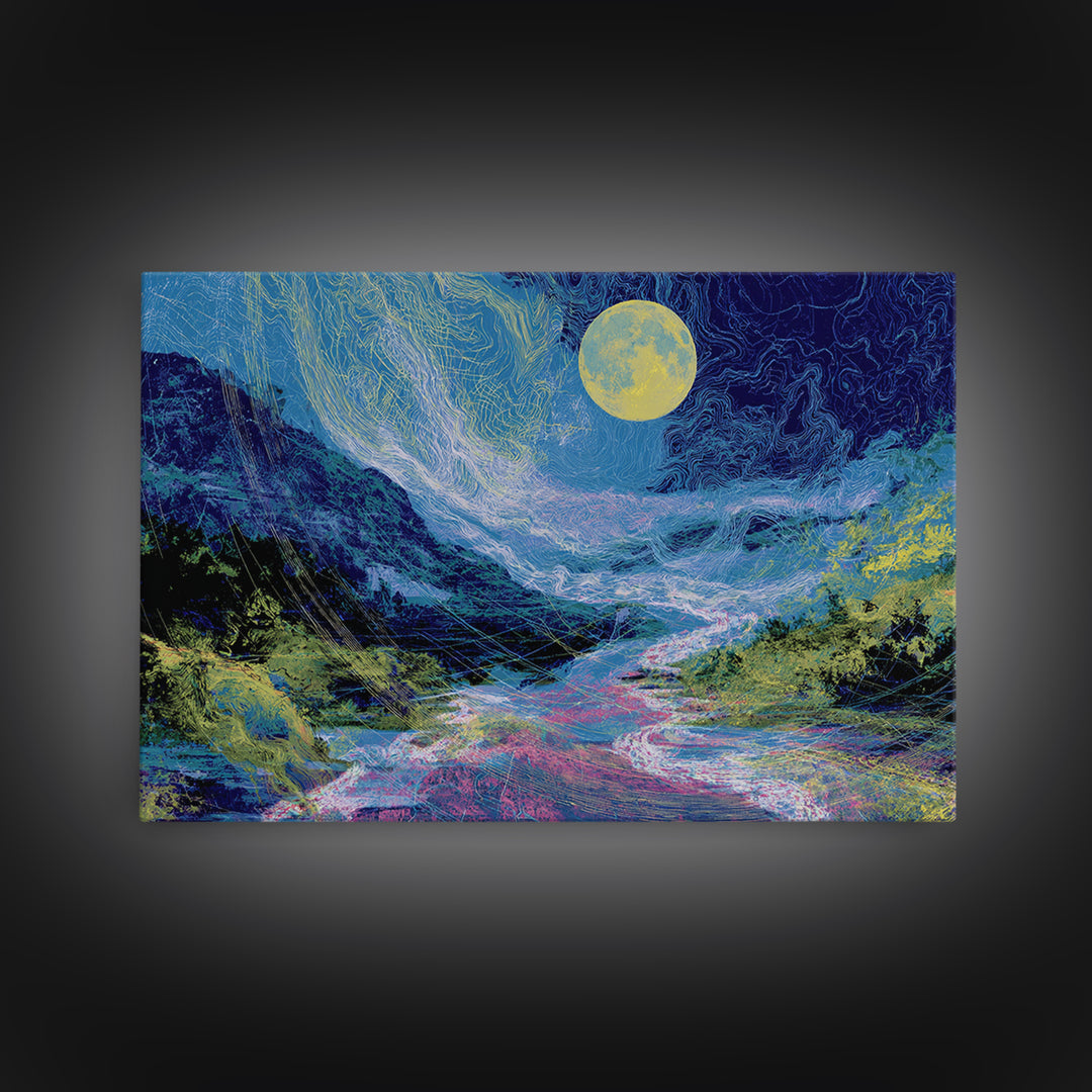 Blue Moonlit River Through Mountains Wall Art, Dreamy Wall Art, Nature Scene Art, Blue Home Decor, Large Decor Art, Living Room Art