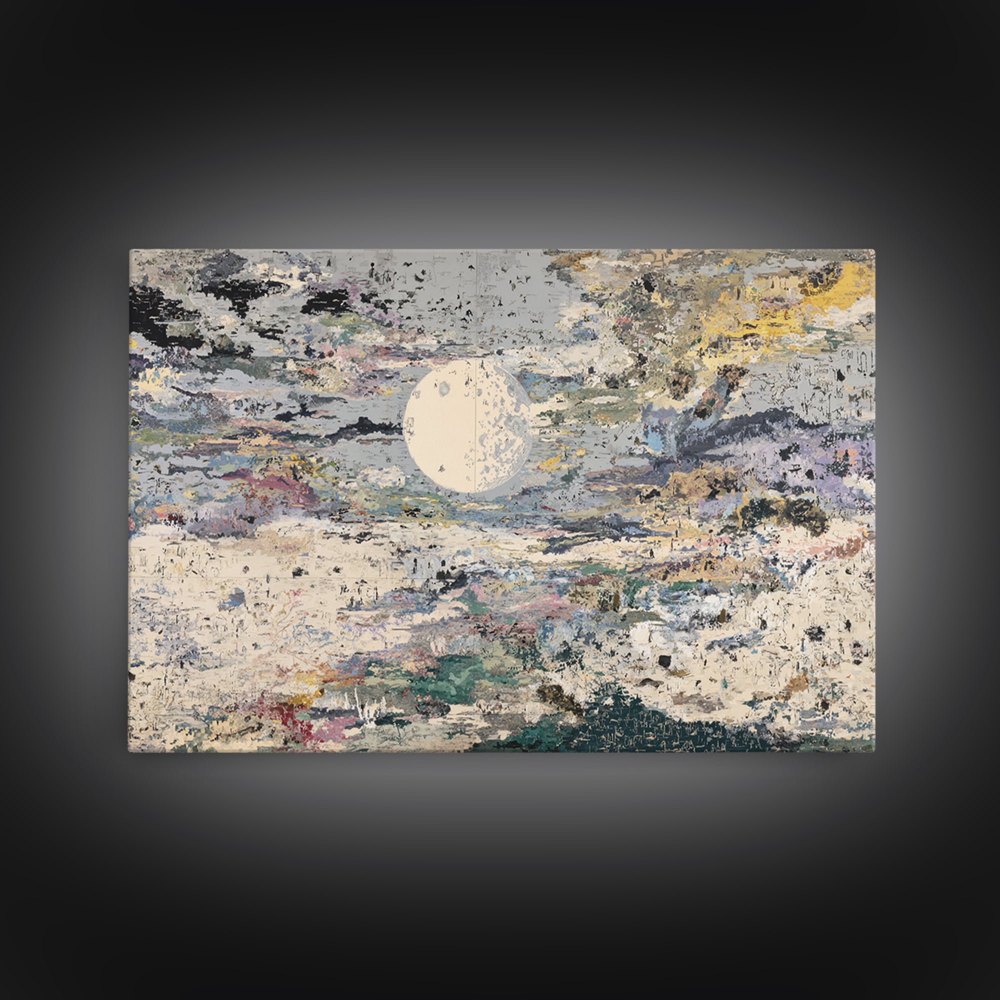 Textured Full Moon Over Abstract Clouds Framed Canvas Print, Abstract Wall Art, Modern Art, Beige Wall Art, Elegant Home Decor