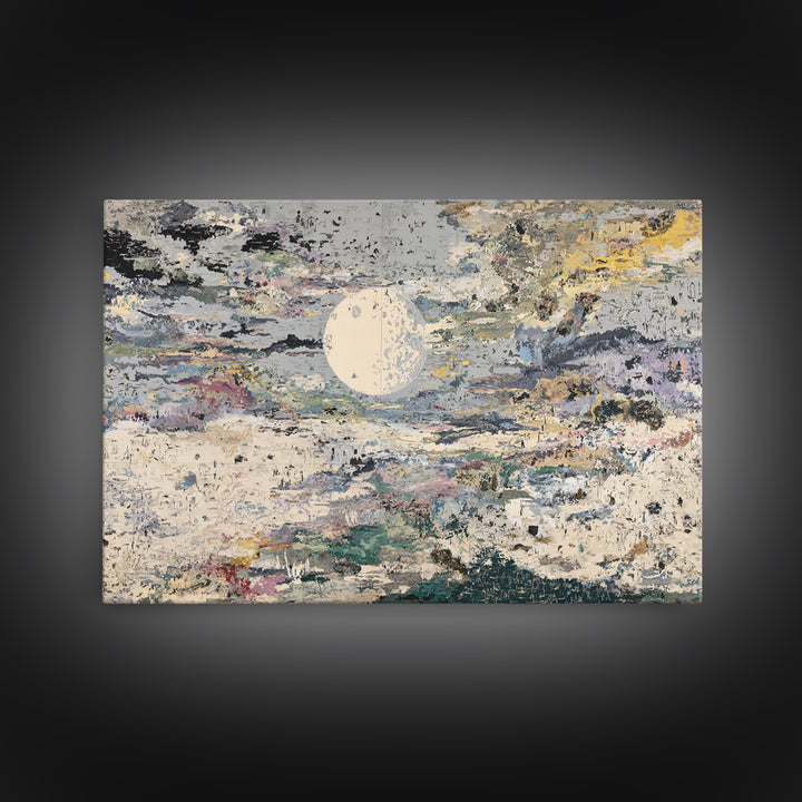 Textured Full Moon Over Abstract Clouds Framed Canvas Print, Abstract Wall Art, Modern Art, Beige Wall Art, Elegant Home Decor