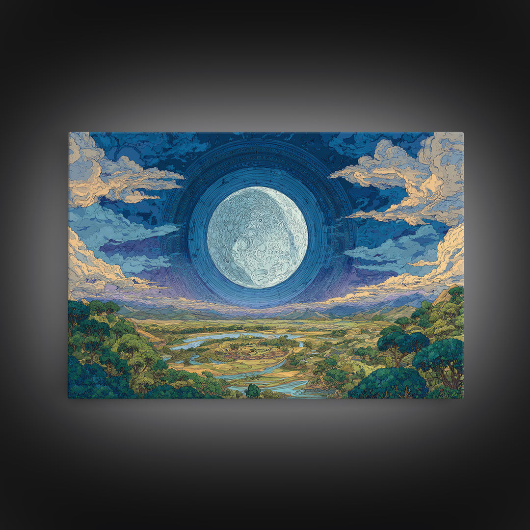 Giant Moon Over River Valley Canvas Print, Dreamy Wall Art, Nature Scene Art, Blue And Green Decor, Landscape Wall Decor