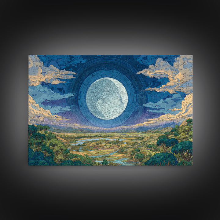 Giant Moon Over River Valley Canvas Print, Dreamy Wall Art, Nature Scene Art, Blue And Green Decor, Landscape Wall Decor