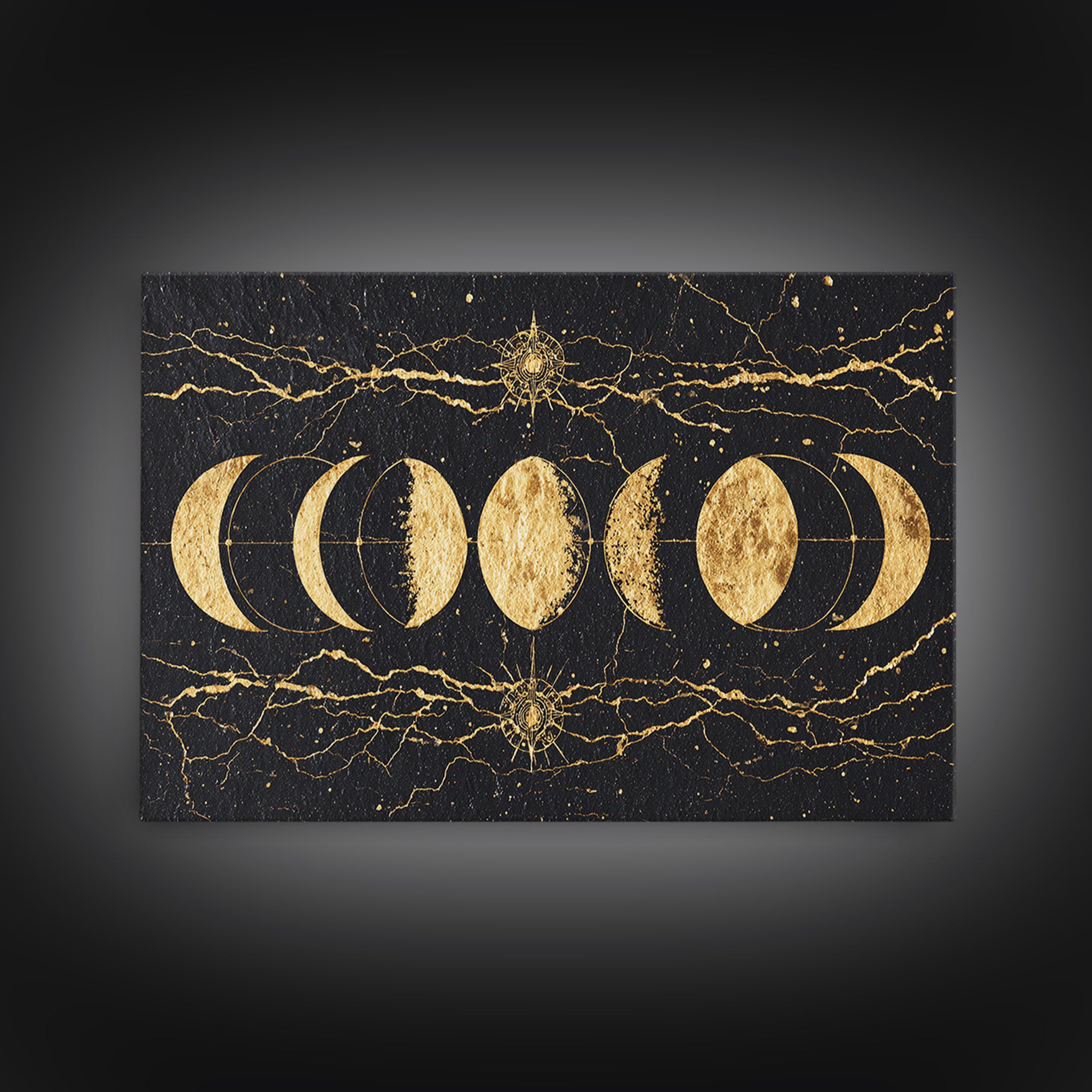 Gold Moon Phase Celestial Wall Art, Black Marble Lunar Decor, Mystical Astronomy Print, Boho Spiritual Home Decor Gift For Her