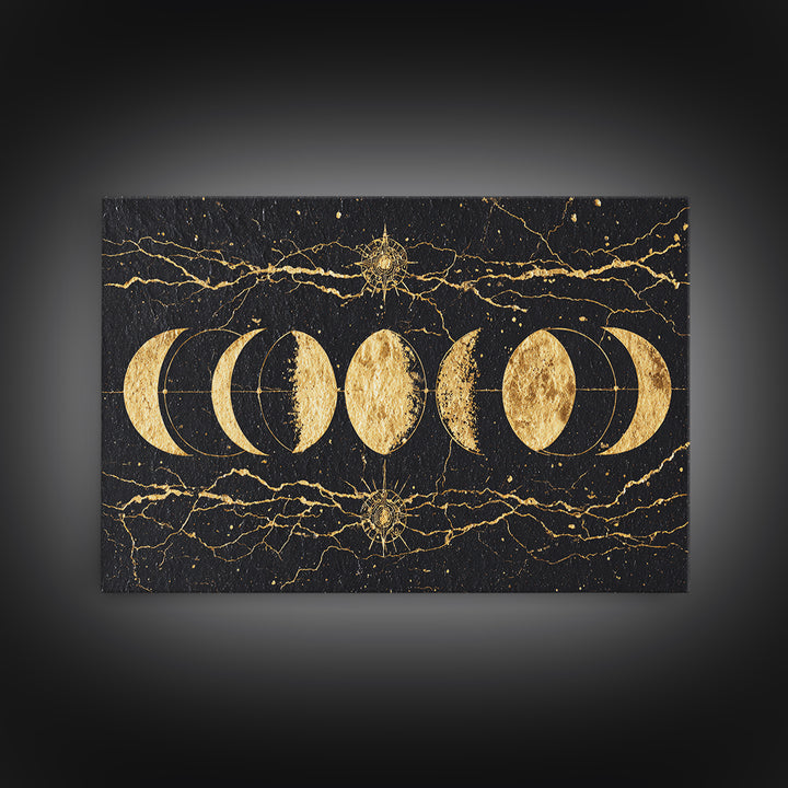 Gold Moon Phase Celestial Wall Art, Black Marble Lunar Decor, Mystical Astronomy Print, Boho Spiritual Home Decor Gift For Her