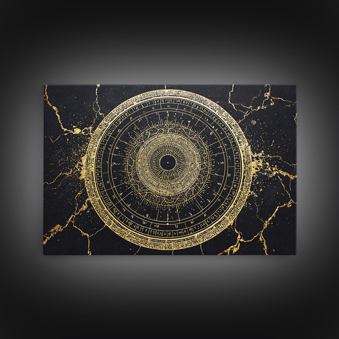 Gold Zodiac Wheel Framed Canvas Print, Astrological Chart Wall Decor, Celestial Astronomy Art, Mystical Home Decor Gift Idea
