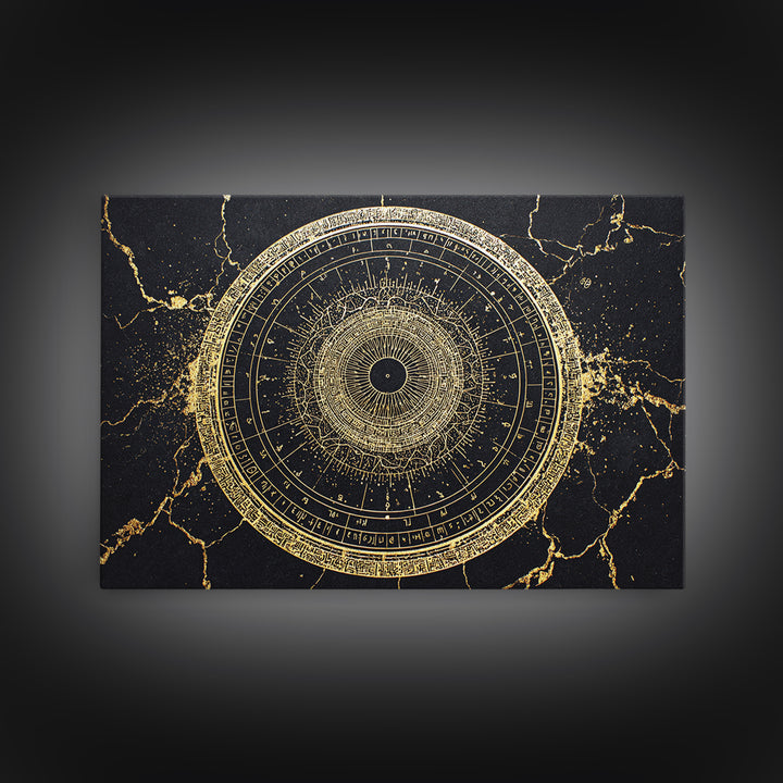 Gold Zodiac Wheel Framed Canvas Print, Astrological Chart Wall Decor, Celestial Astronomy Art, Mystical Home Decor Gift Idea