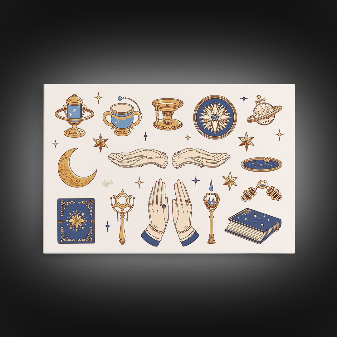Mystic Witch Hands And Stars Wall Art, Occult Objects Illustration, Tarot Celestial Decor, Boho Spiritual Gift For Her Print