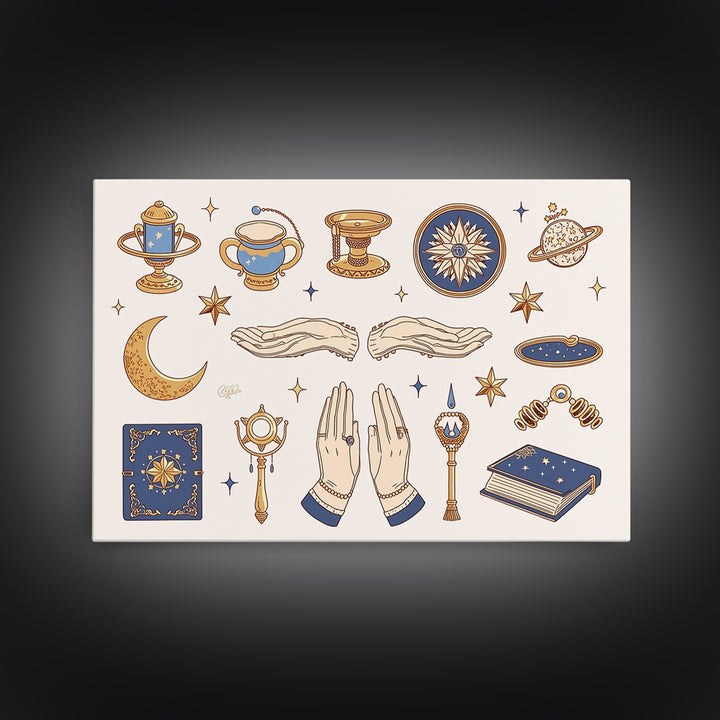 Mystic Witch Hands And Stars Wall Art, Occult Objects Illustration, Tarot Celestial Decor, Boho Spiritual Gift For Her Print
