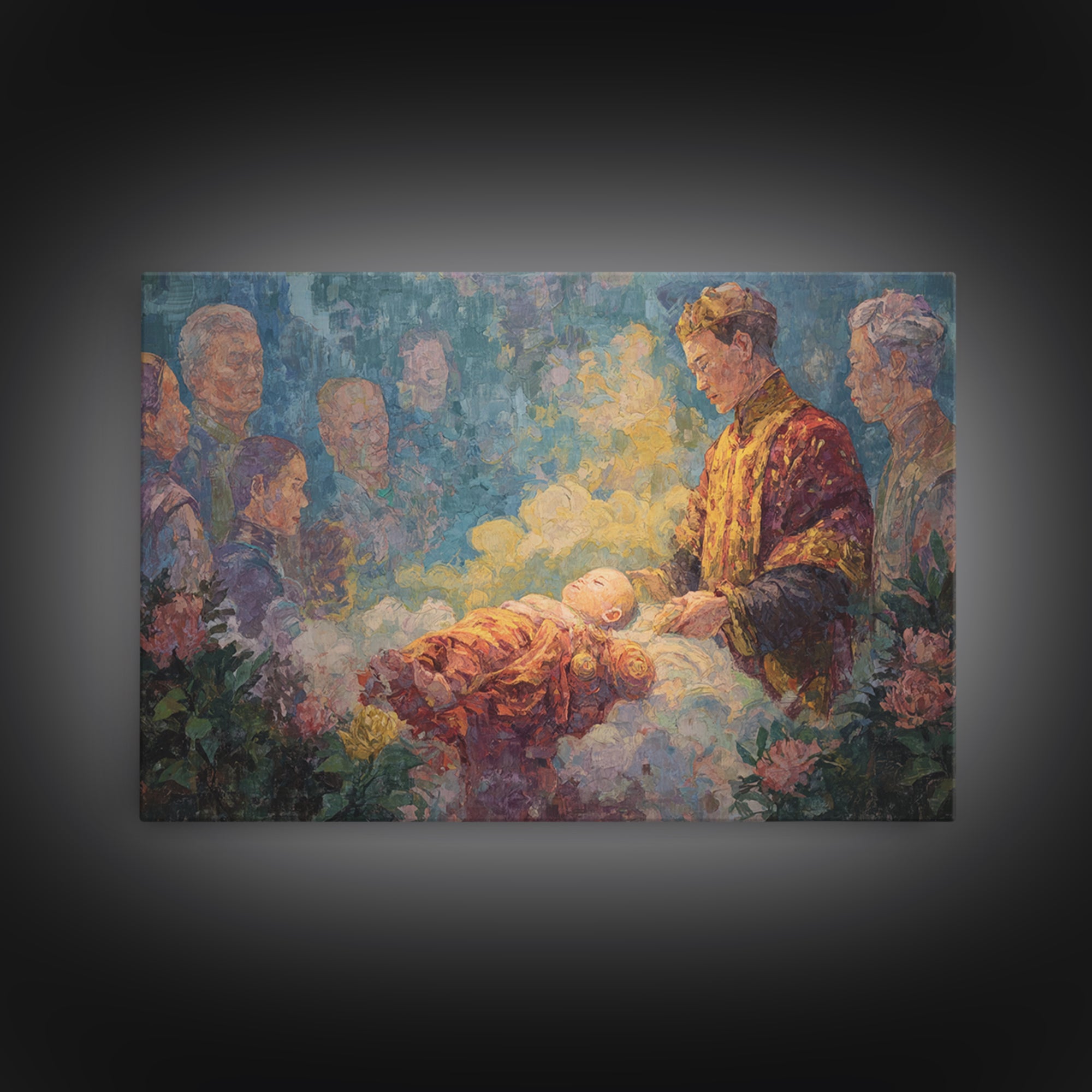 Glowing Newborn Blessing Canvas Print, Spiritual Family Ceremony Painting, Dreamy Nursery Wall Decor, Meaningful Gift For Home