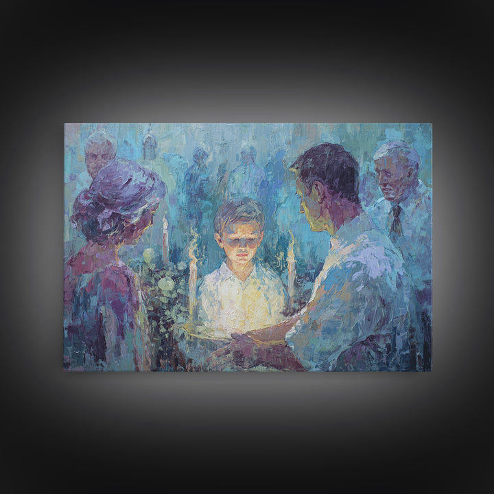 Candlelit Boy Ritual Wall Art, Blue Spiritual Family Ceremony Painting, Dreamy Portrait Canvas Decor, Meaningful Home Gift
