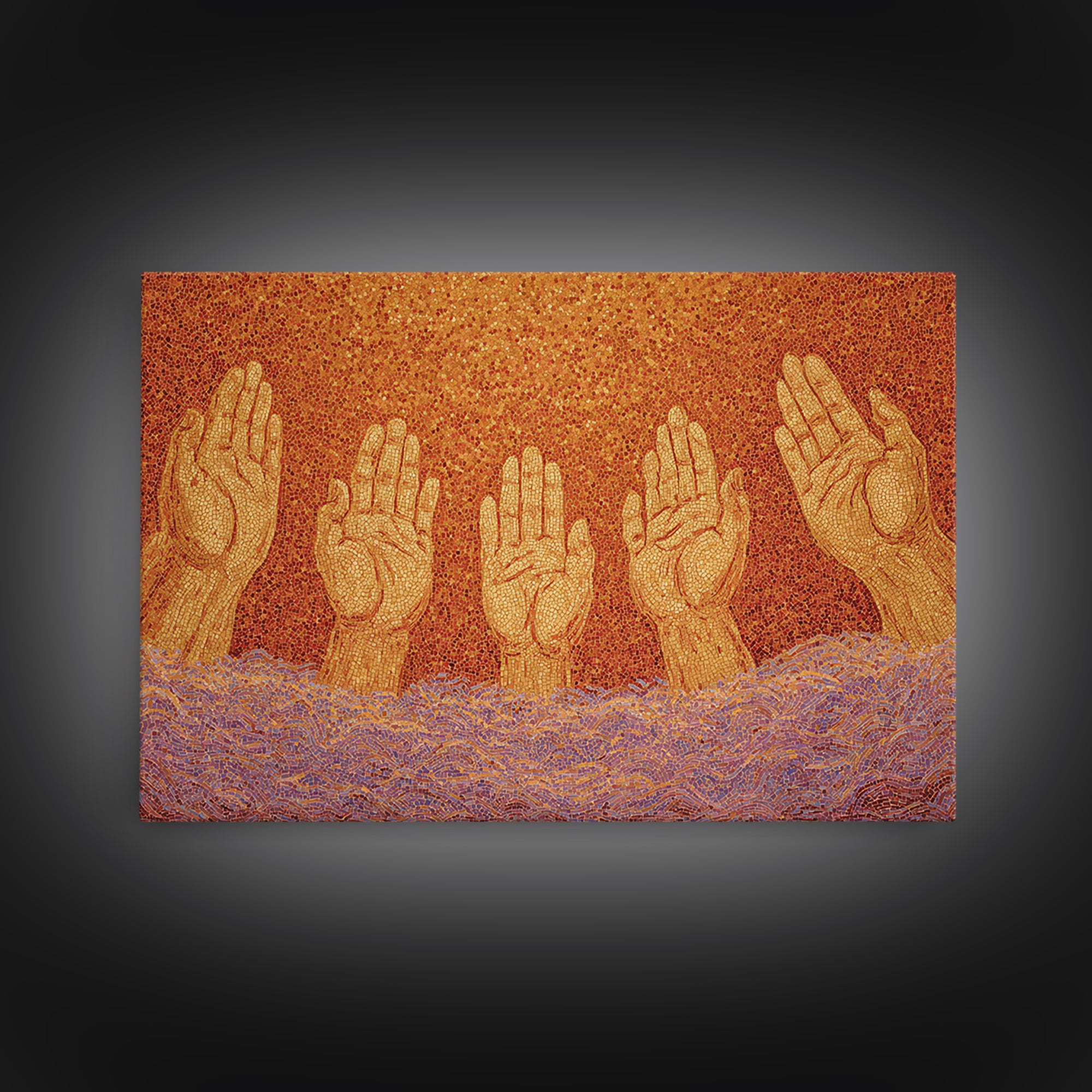 Golden Raised Hands Wall Art, Orange Mosaic Spiritual Painting, Empowerment Prayer Decor, Abstract Contemporary Home Gift