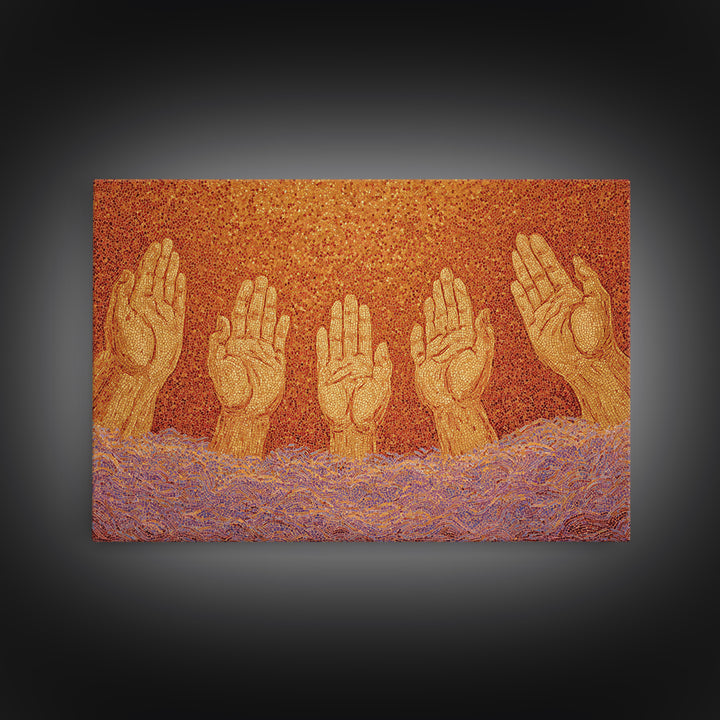 Golden Raised Hands Wall Art, Orange Mosaic Spiritual Painting, Empowerment Prayer Decor, Abstract Contemporary Home Gift
