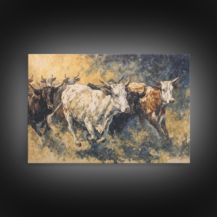 Galloping Longhorn Cattle Canvas Print, African Safari Wall Decor, Rustic Animal Painting, Earth Tone Statement Artwork Gift