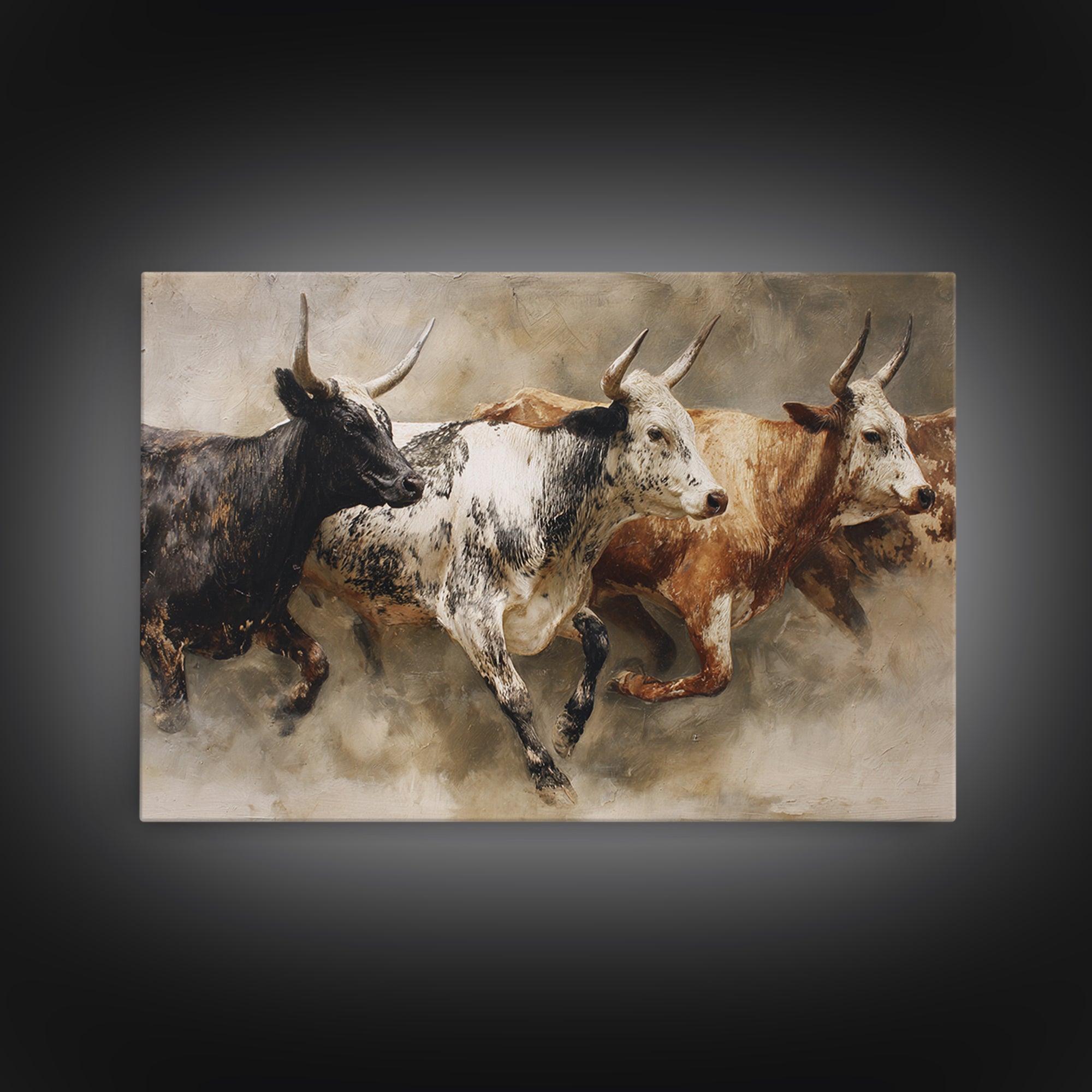 Three Longhorn Bulls In Motion Framed Canvas Print, African Safari Decor, Rustic Western Animal Wall Art For Living Room