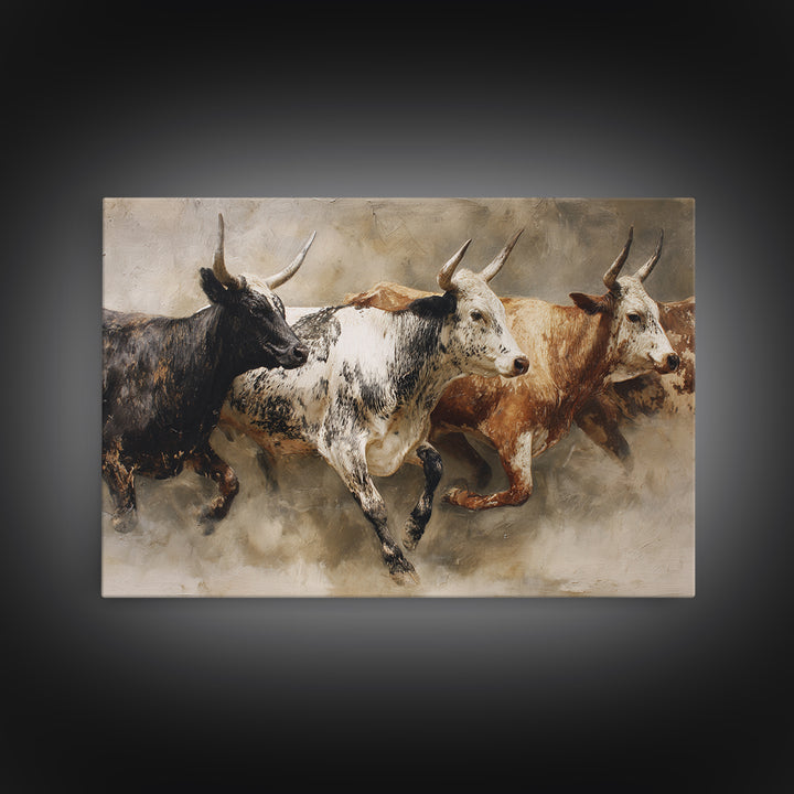 Three Longhorn Bulls In Motion Framed Canvas Print, African Safari Decor, Rustic Western Animal Wall Art For Living Room