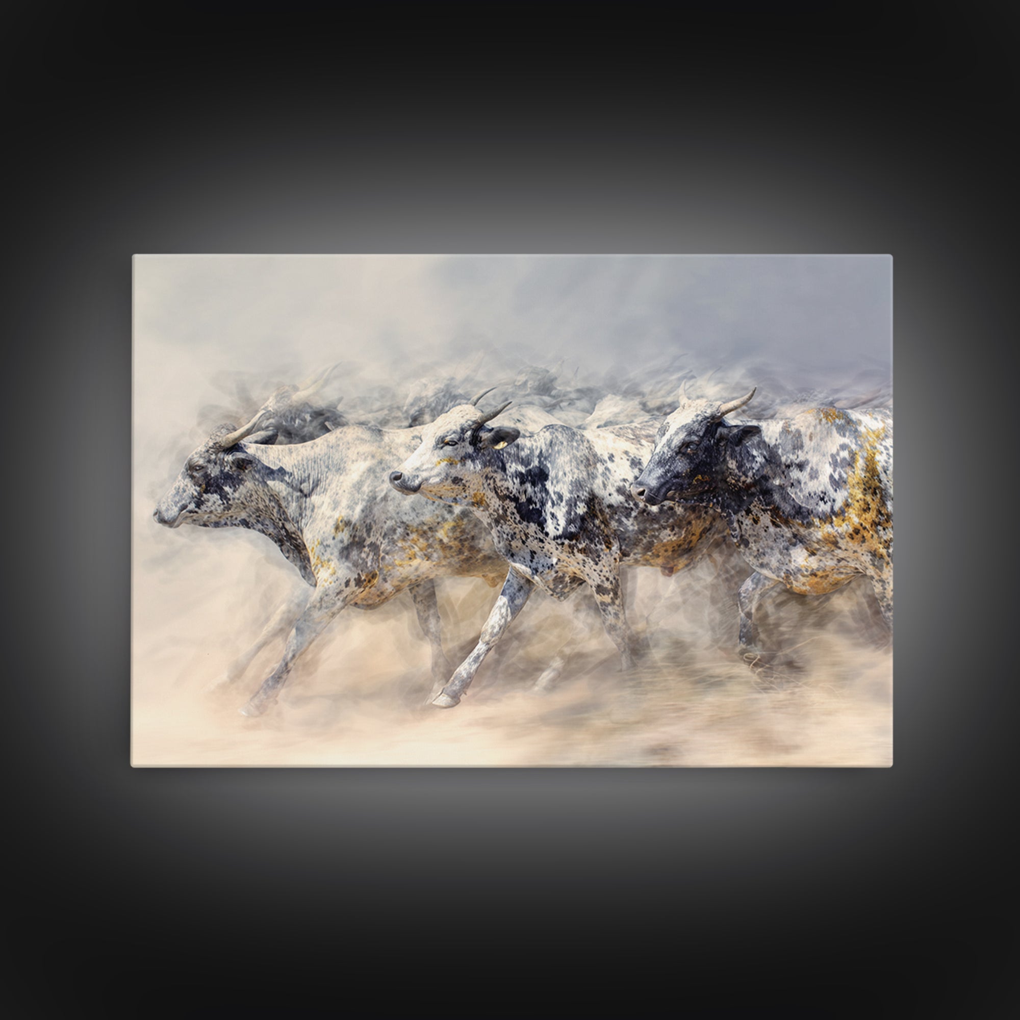 Dusty Spotted Bulls Racing Across Plain Canvas Print, African Safari Animal Art, Neutral Earth Tone Wall Decor Gift For Home