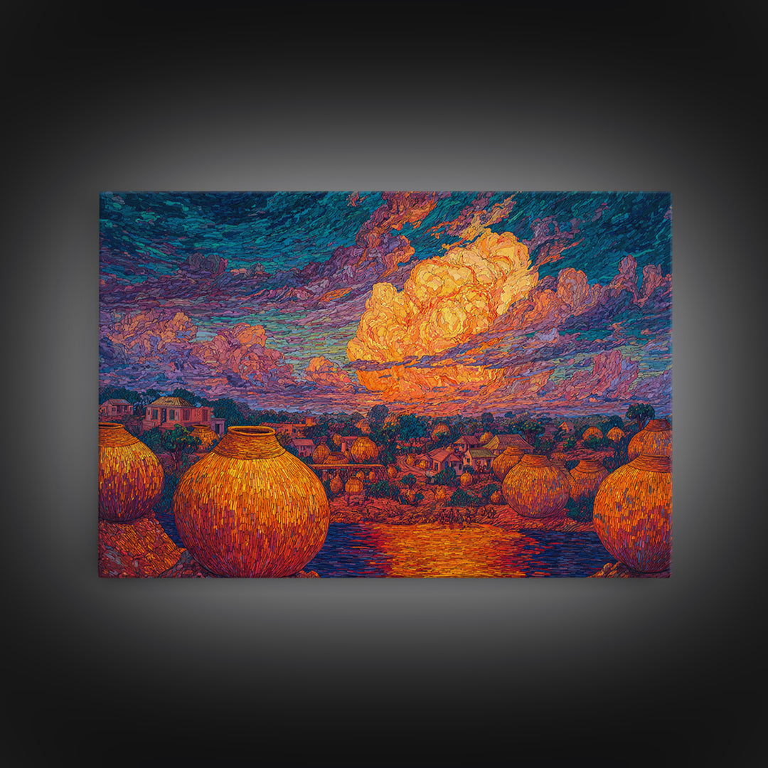 African Village Sunset With Clay Pots Wall Art, Colorful Landscape Print, Afrocentric Home Decor, Motherland Culture Art