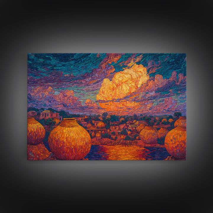 African Village Sunset With Clay Pots Wall Art, Colorful Landscape Print, Afrocentric Home Decor, Motherland Culture Art