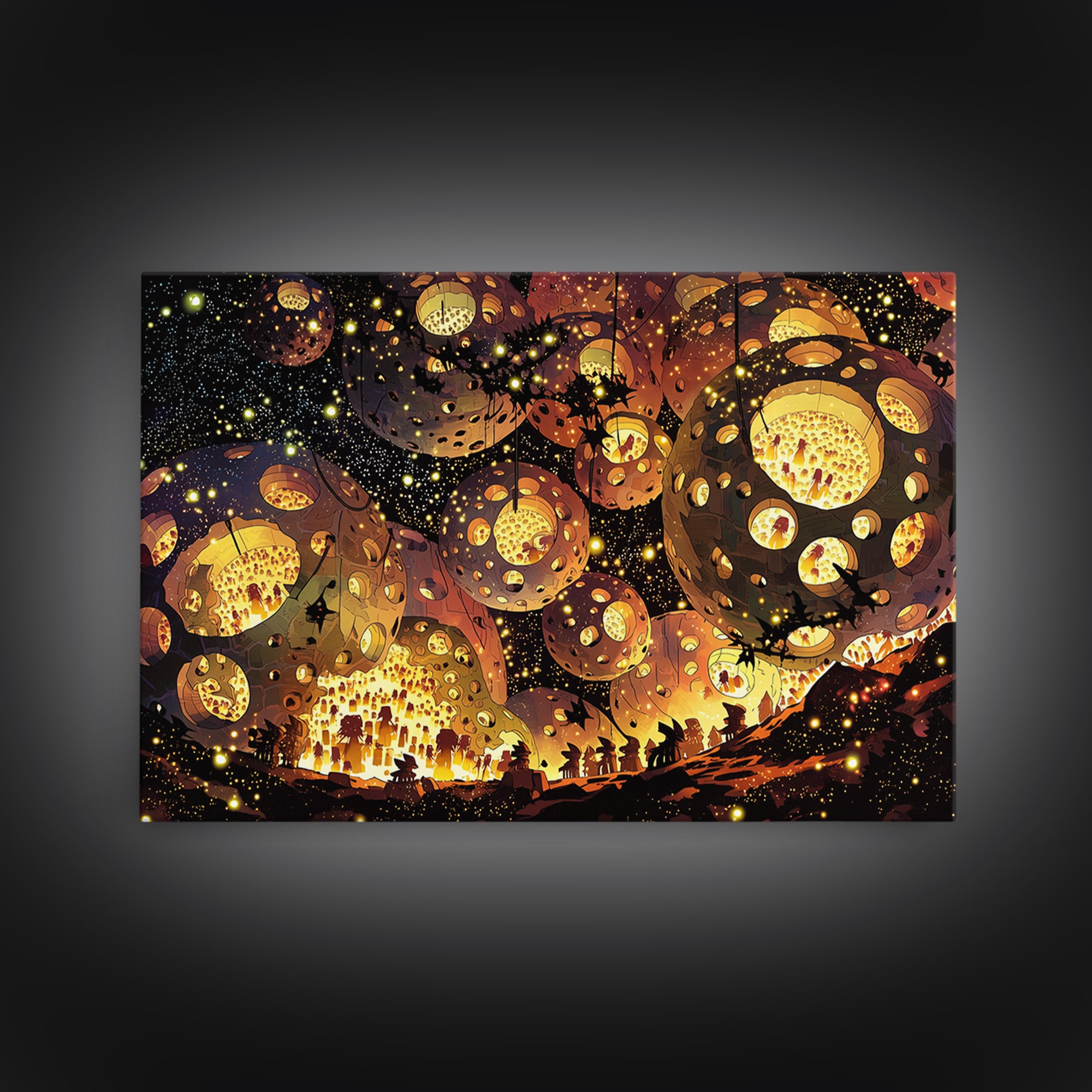 Glowing African Lantern Festival Canvas Print, Magical Night Wall Decor, Boho Afrocentric Art, Warm Golden Home Decor Gift